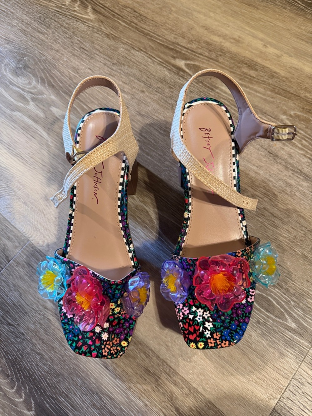 Betsey Johnson Multicolor Floral Appliqué Open-Toe Heels with Tan Ankle Strap